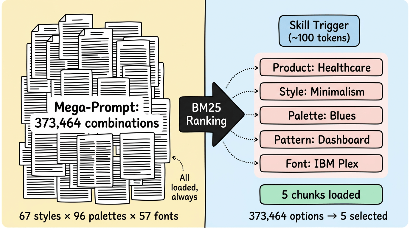 67 styles × 96 palettes × 57 font pairings = 373K combinations, loaded one at a time