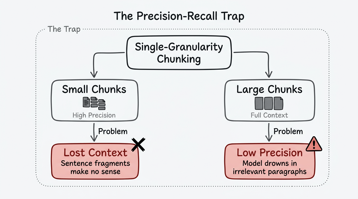 Sơ đồ thể hiện bẫy precision-recall: chunk nhỏ mất ngữ cảnh, chunk lớn mất độ chính xác