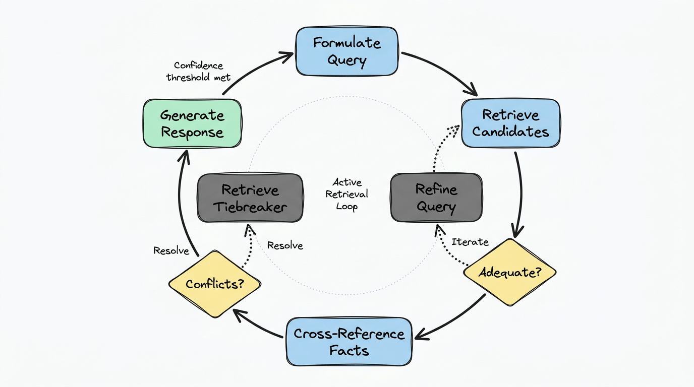 Sơ đồ vòng tròn thể hiện vòng lặp xác minh 7 bước với tinh chỉnh lặp và cross-referencing