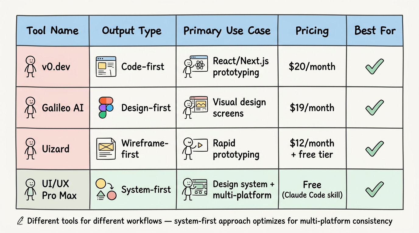 Tool comparison matrix: design tools vs. development tools, visual output vs. system output