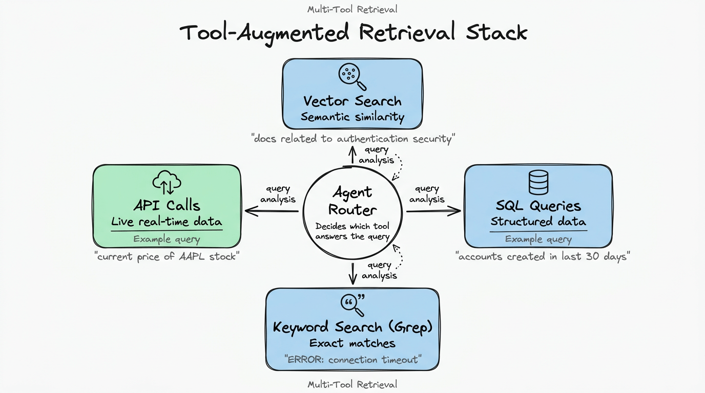 Sơ đồ hub-and-spoke thể hiện agent định tuyến giữa vector search, SQL, keyword search và API call